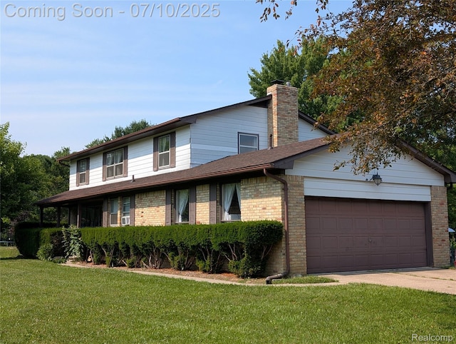 1391 Dye Krest Cir, Flint, MI 48532 - view of front facade featuring a garage, a front yard, a chimney, driveway, and brick siding