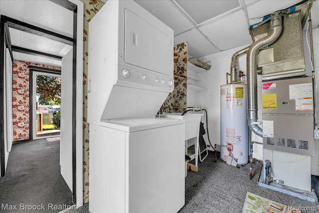 2840 Wall St, Keego Harbor, MI 48320 - laundry area with stacked washer / drying machine, gas water heater, and carpet floors