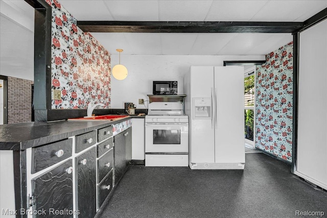 2840 Wall St, Keego Harbor, MI 48320 - kitchen featuring white appliances, wallpapered walls, beamed ceiling, and dark countertops