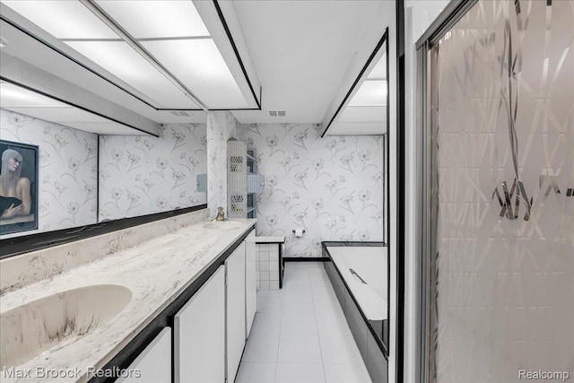 2840 Wall St, Keego Harbor, MI 48320 - bathroom with wallpapered walls, double vanity, a shower stall, and tile patterned floors