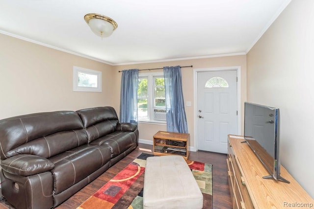 20892 Dean St, Warren, MI 48091 - living room featuring dark wood-type flooring, crown molding, and plenty of natural light