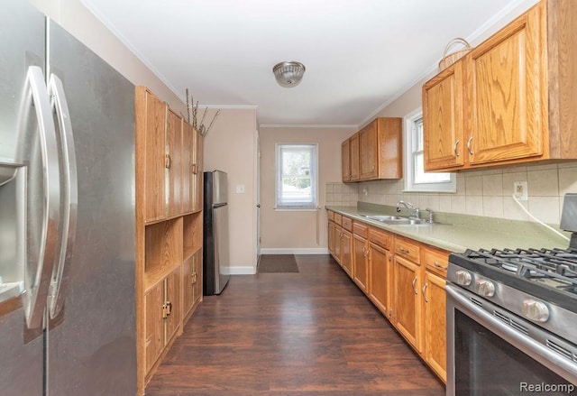 20892 Dean St, Warren, MI 48091 - kitchen with stainless steel appliances, dark wood-type flooring, decorative backsplash, light countertops, and crown molding