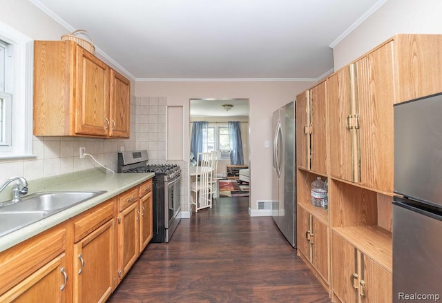 20892 Dean St, Warren, MI 48091 - kitchen with stainless steel appliances, decorative backsplash, dark wood-style flooring, light countertops, and crown molding