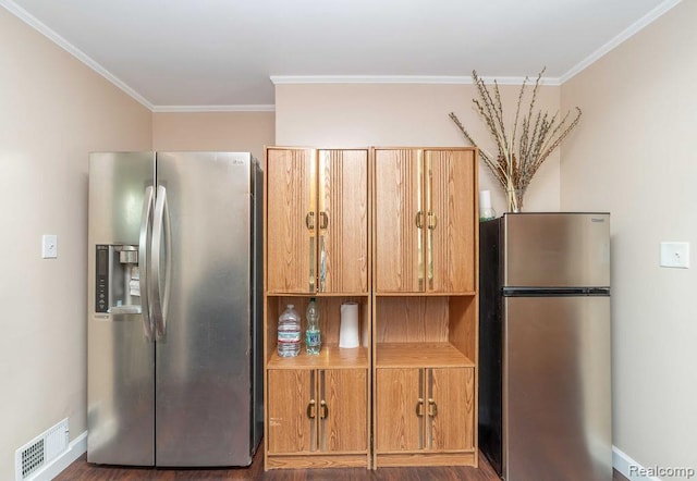 20892 Dean St, Warren, MI 48091 - kitchen with stainless steel fridge with ice dispenser, freestanding refrigerator, ornamental molding, and wood finished floors