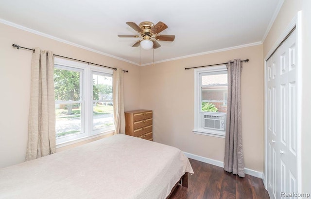 20892 Dean St, Warren, MI 48091 - bedroom with dark wood-style floors, a closet, crown molding, ceiling fan, and cooling unit