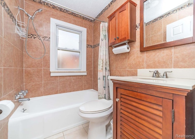 20892 Dean St, Warren, MI 48091 - full bathroom featuring shower / bath combination with curtain, tile walls, vanity, tile patterned floors, and a textured ceiling