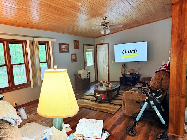 11585 190th Ave, Big Rapids, MI 49307 - living room with ceiling fan, wood finished floors, and wooden ceiling