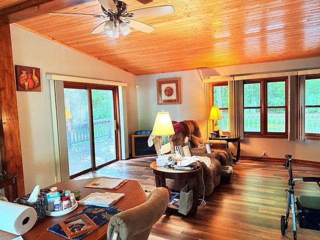 11585 190th Ave, Big Rapids, MI 49307 - living room with lofted ceiling, healthy amount of natural light, a ceiling fan, wooden ceiling, and wood finished floors