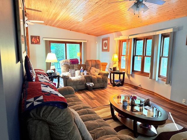 11585 190th Ave, Big Rapids, MI 49307 - living room featuring ceiling fan, wood ceiling, wood finished floors, and lofted ceiling