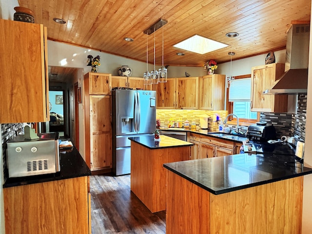 11585 190th Ave, Big Rapids, MI 49307 - kitchen featuring stainless steel fridge, wall chimney exhaust hood, wood ceiling, a center island, and backsplash