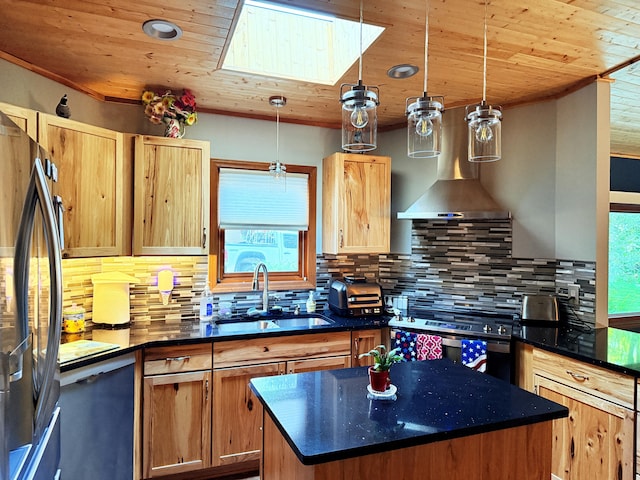 11585 190th Ave, Big Rapids, MI 49307 - kitchen featuring appliances with stainless steel finishes, wood ceiling, healthy amount of natural light, a center island, and backsplash