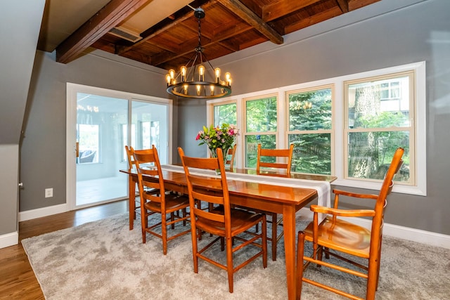 5680 Woodland Ave, Watervliet, MI 49098 - dining area featuring a wood ceiling with exposed beams, healthy amount of natural light, a chandelier, coffered ceiling, and wood finished floors