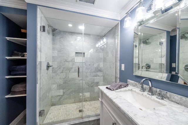 5680 Woodland Ave, Watervliet, MI 49098 - bathroom with crown molding, vanity, and a shower stall