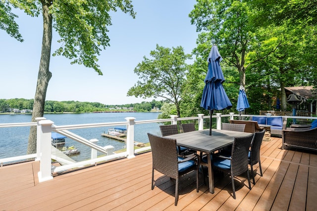 5680 Woodland Ave, Watervliet, MI 49098 - deck with a water view, an outdoor living space, and outdoor dining area