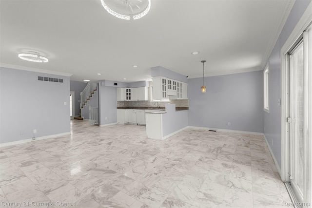 7115 Steadman St, Dearborn, MI 48126 - unfurnished living room featuring crown molding, stairway, recessed lighting, and light marble finish flooring