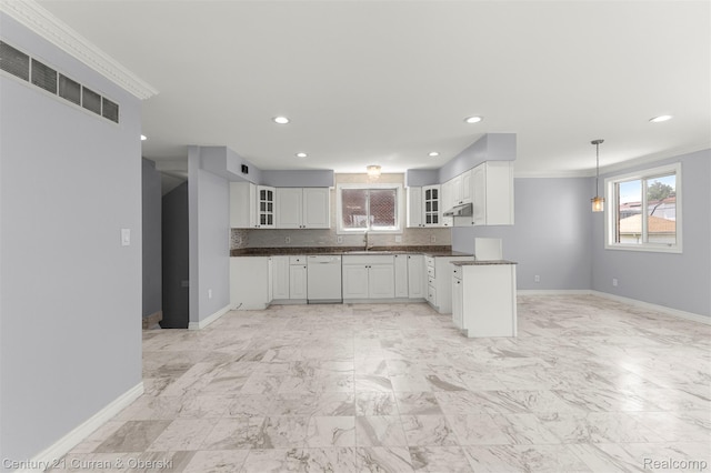 7115 Steadman St, Dearborn, MI 48126 - kitchen with white dishwasher, glass insert cabinets, dark countertops, white cabinetry, and recessed lighting