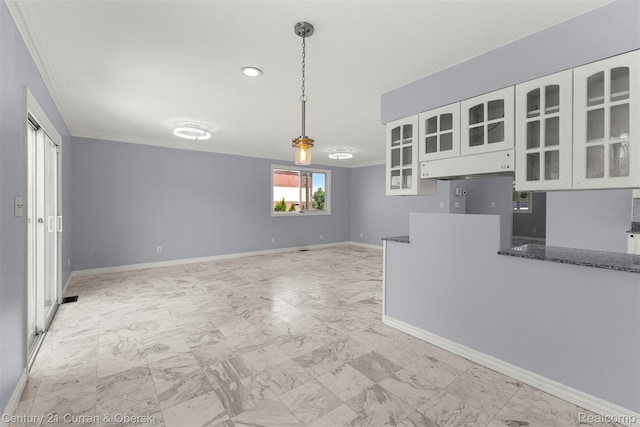7115 Steadman St, Dearborn, MI 48126 - kitchen featuring white cabinetry, ornamental molding, pendant lighting, light marble finish floors, and glass insert cabinets
