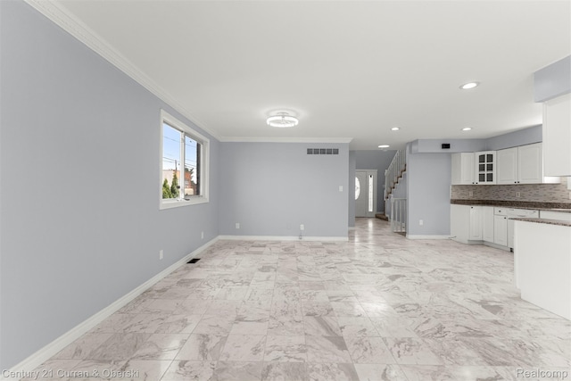 7115 Steadman St, Dearborn, MI 48126 - unfurnished living room featuring ornamental molding, stairs, recessed lighting, and light marble finish floors