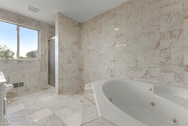 7115 Steadman St, Dearborn, MI 48126 - full bathroom with tile walls, a whirlpool tub, a shower stall, and marble finish floors