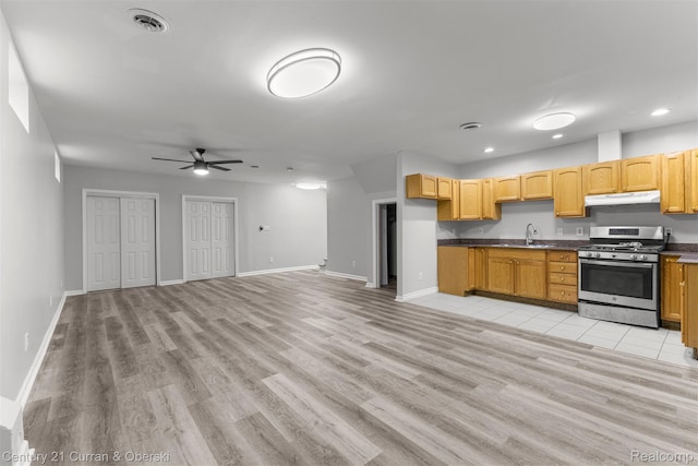 7115 Steadman St, Dearborn, MI 48126 - kitchen with stainless steel gas stove, under cabinet range hood, light wood-style floors, ceiling fan, and recessed lighting