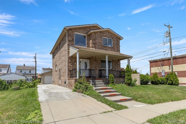 7115 Steadman St, Dearborn, MI 48126 - traditional-style home with a porch, brick siding, a front lawn, and concrete driveway