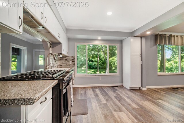 1049 Hillcrest Ave, Brighton, MI 48116 - kitchen with stainless steel gas range, white cabinets, recessed lighting, light wood-type flooring, and crown molding