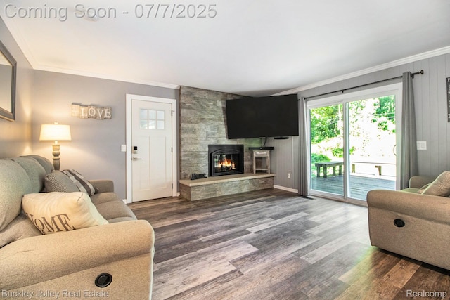 1049 Hillcrest Ave, Brighton, MI 48116 - living room featuring ornamental molding, wood finished floors, and a stone fireplace
