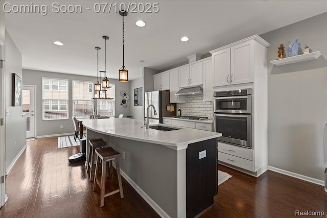 2582 Helmsdale Cir, Rochester, MI 48307 - kitchen with appliances with stainless steel finishes, dark wood finished floors, backsplash, under cabinet range hood, and recessed lighting