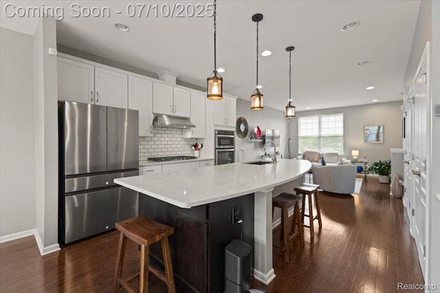 2582 Helmsdale Cir, Rochester, MI 48307 - kitchen featuring stainless steel appliances, under cabinet range hood, tasteful backsplash, dark wood-type flooring, and white cabinets