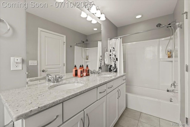 2582 Helmsdale Cir, Rochester, MI 48307 - full bath with shower / tub combo with curtain, double vanity, and tile patterned floors