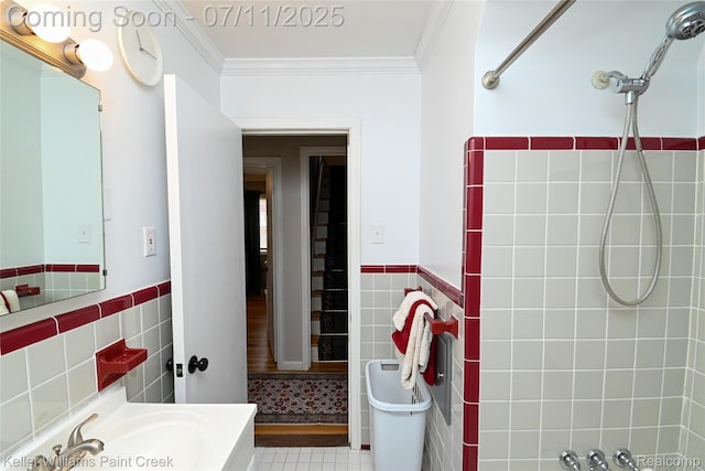 1968 Oxford Rd, Grosse Pointe Woods, MI 48236 - full bathroom with tile walls, crown molding, wainscoting, and tile patterned floors