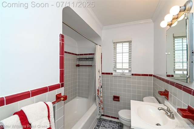 1968 Oxford Rd, Grosse Pointe Woods, MI 48236 - full bathroom with tile walls, shower / tub combo, ornamental molding, a wainscoted wall, and vanity
