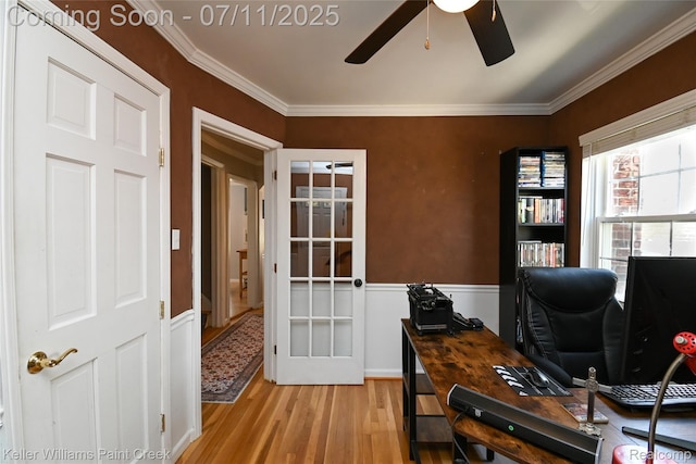 1968 Oxford Rd, Grosse Pointe Woods, MI 48236 - office space with ornamental molding, light wood-style flooring, ceiling fan, and wainscoting