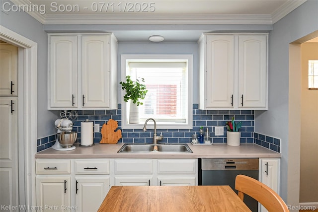 1968 Oxford Rd, Grosse Pointe Woods, MI 48236 - kitchen featuring dishwasher, decorative backsplash, white cabinets, plenty of natural light, and ornamental molding