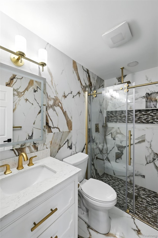 17652 Robert St, Melvindale, MI 48122 - full bathroom featuring vanity, a marble finish shower, tile walls, and marble finish floors