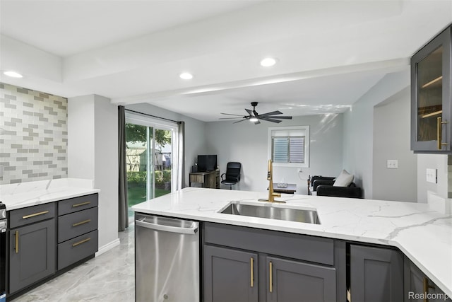 17652 Robert St, Melvindale, MI 48122 - kitchen featuring stainless steel dishwasher, gray cabinets, light marble finish flooring, light stone countertops, and open floor plan