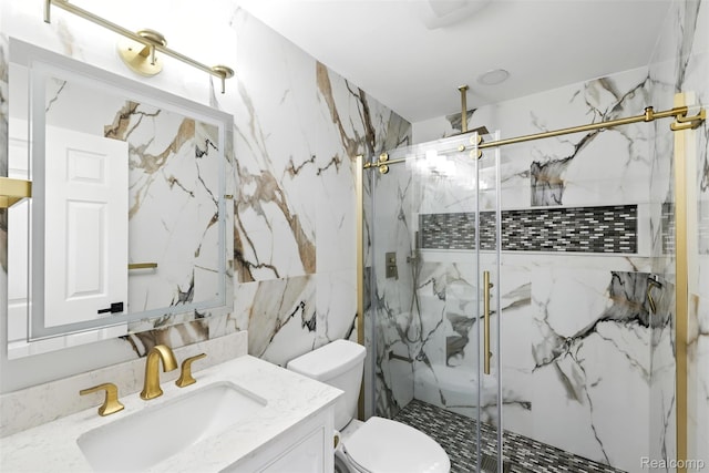 17652 Robert St, Melvindale, MI 48122 - bathroom with vanity, a marble finish shower, and tile walls