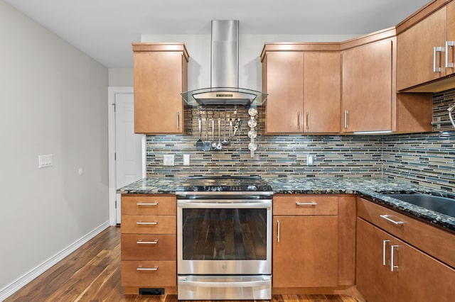 5643 E C Ave, Richland, MI 49083 - kitchen with wall chimney range hood, stainless steel electric range oven, dark wood-style flooring, decorative backsplash, and dark stone counters