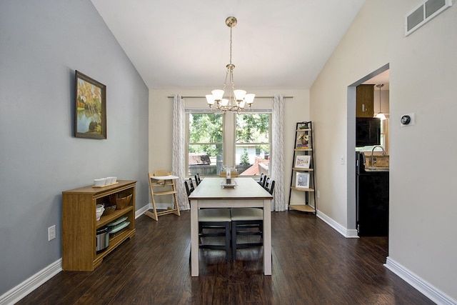 7981 Faircrest Dr, Ypsilanti, MI 48197 - dining space with a chandelier, vaulted ceiling, and dark wood finished floors