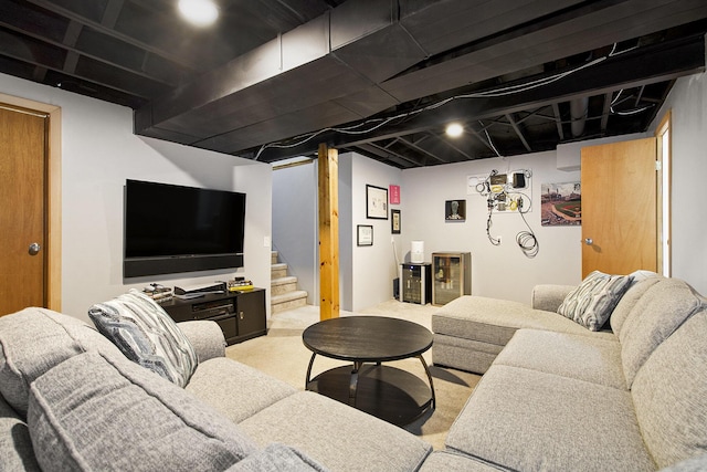 7981 Faircrest Dr, Ypsilanti, MI 48197 - living room with light colored carpet, stairs, and beverage cooler