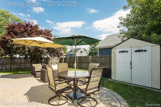 2340 Hamata St, Ferndale, MI 48220 - fenced backyard featuring outdoor dining space, a patio, and a storage shed