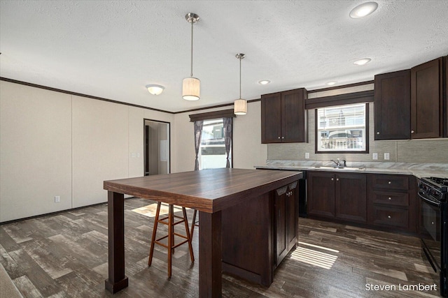 947 Redwood Dr, Hastings, MI 49058 - kitchen featuring black range with gas stovetop, dark brown cabinetry, dark wood-type flooring, a textured ceiling, and wooden counters
