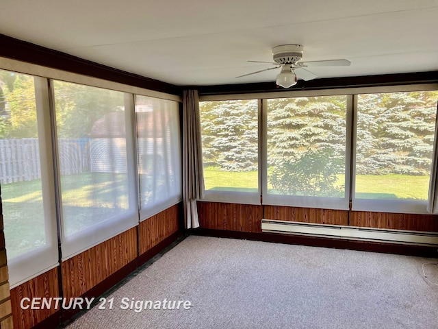1751 Lathrup Ave, Saginaw, MI 48638 - unfurnished sunroom featuring baseboard heating, carpet floors, ceiling fan, and wood walls