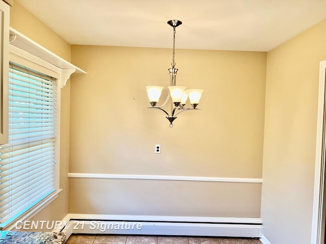 1751 Lathrup Ave, Saginaw, MI 48638 - unfurnished dining area with baseboard heating, healthy amount of natural light, a chandelier, and tile patterned floors