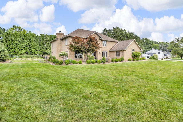 3800 Guest Rd, Jackson, MI 49203 - view of front facade with a chimney, a front lawn, and brick siding
