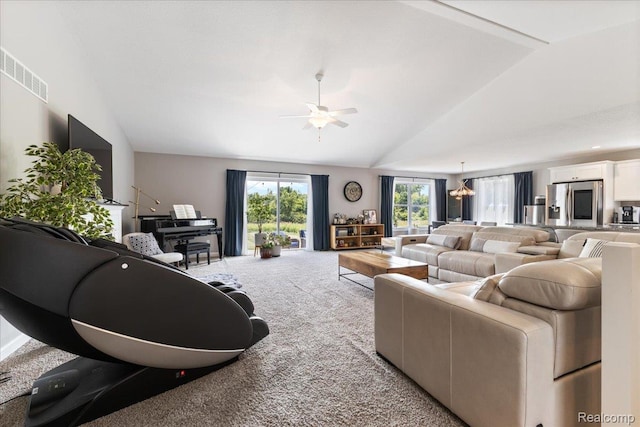 5606 Chatham Ln, Grand Blanc, MI 48439 - living room featuring lofted ceiling, carpet, and a ceiling fan