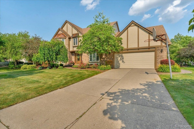 24842 White Plains Dr, Novi, MI 48374 - english style home featuring driveway, a garage, a front lawn, and stucco siding