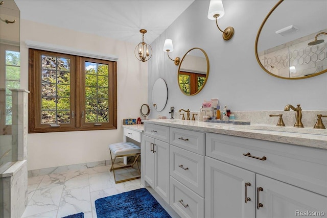 24842 White Plains Dr, Novi, MI 48374 - bathroom featuring marble finish floors, double vanity, a shower, and a chandelier