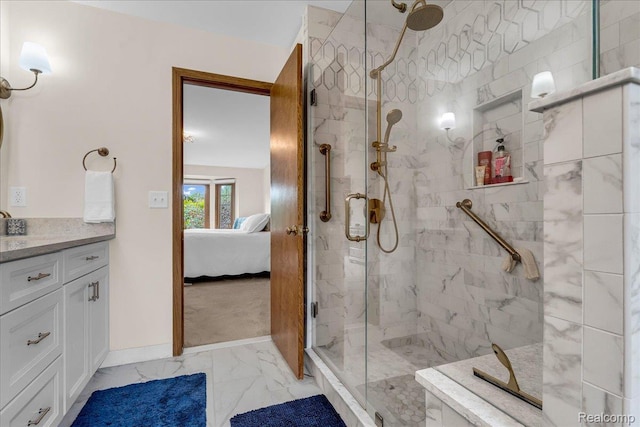 24842 White Plains Dr, Novi, MI 48374 - ensuite bathroom with a shower stall, marble look tile flooring, and vanity