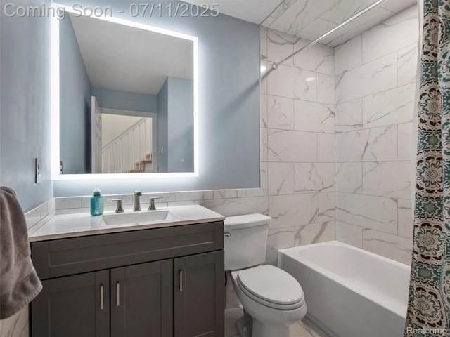 35033 Windsor Dr, New Baltimore, MI 48047 - bathroom featuring vanity, tile walls, and shower / bathtub combination with curtain